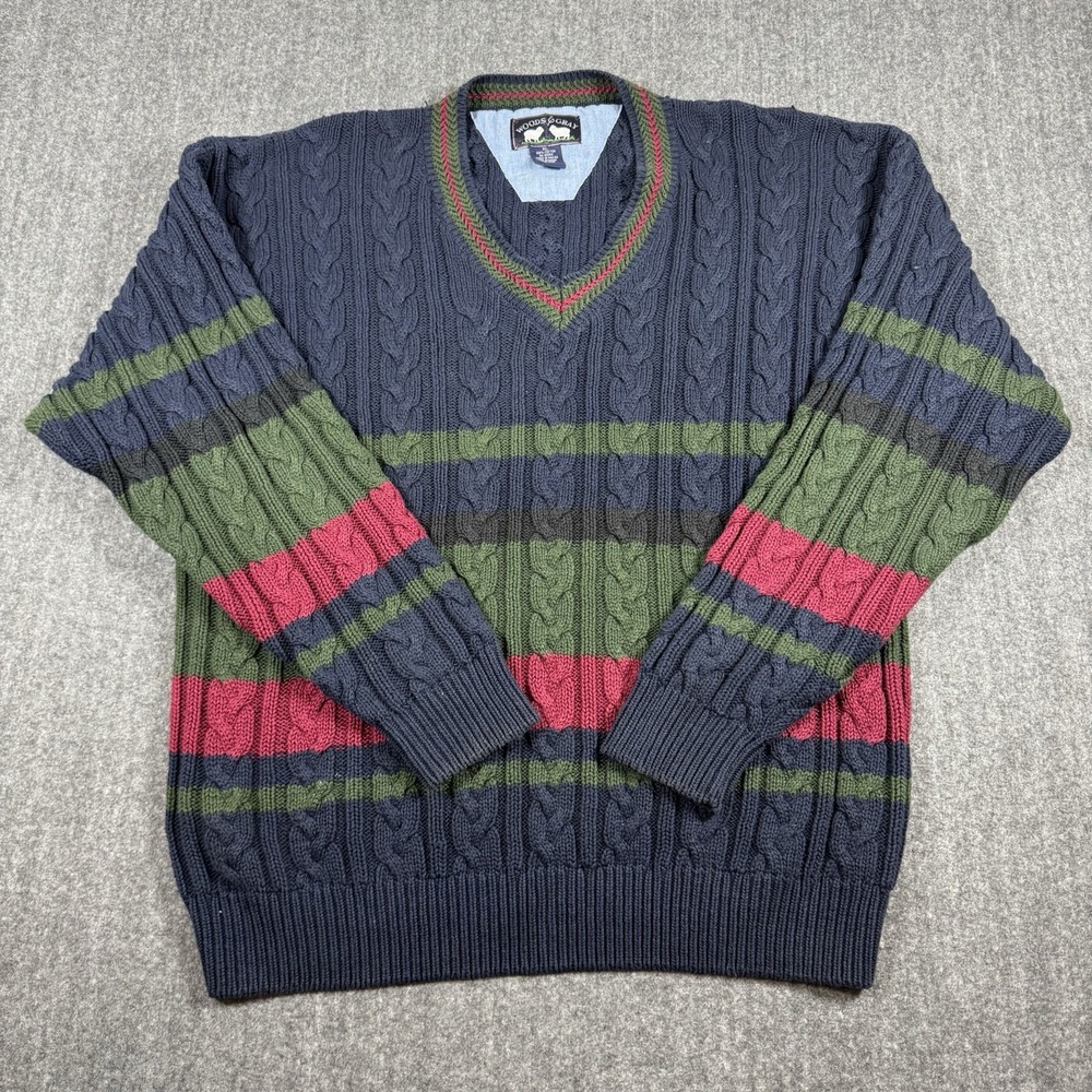 Vintage 90s Woods & Gray Men's XL Cable Knit Sweater Cotton Striped Preppy